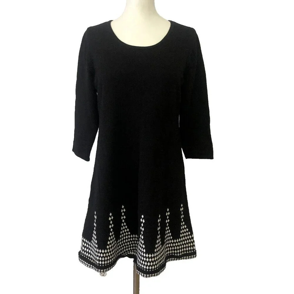 Nine West Sweater‎ Dress Black White Boarder Hem Knit Pullover Size L 3/4 sleeve